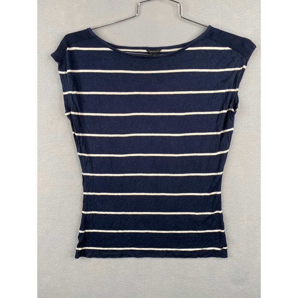 Ann Taylor Navy Blue White Striped Boat Neck Cap Sleeve Top XS